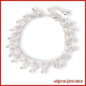 Ankle Bracelet Silver Tassel and Hoop White CZ With Extender Lobster Claw